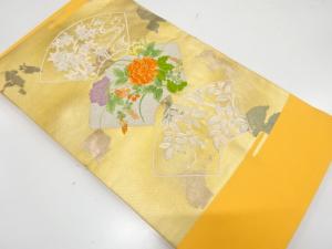 未使用品　引箔　地紙に牡丹・萩・南天模様織り出し　名古屋帯